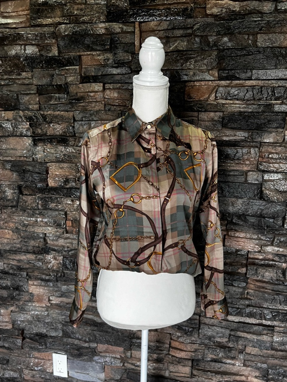 Lauren Ralph Lauren Brown & Green Plaid Chain-Print Long Sleeve Blouse - Picture 4 of 13